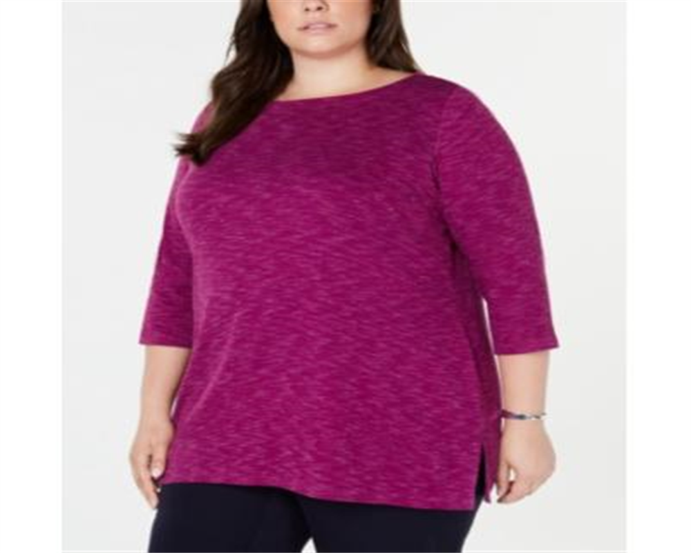 Karen Scott Women's Plus Space Dye 3/4 Sleeve Blouse Purple Size XXL