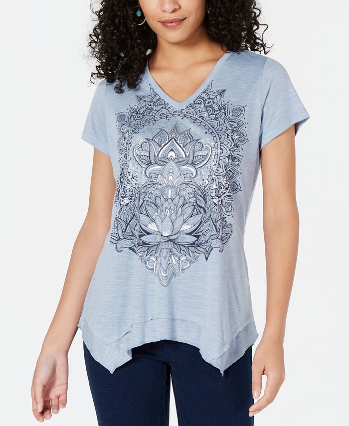 Style & Co Women's Graphic Print Handkerchief Hem T-Shirt Blue Size Petite