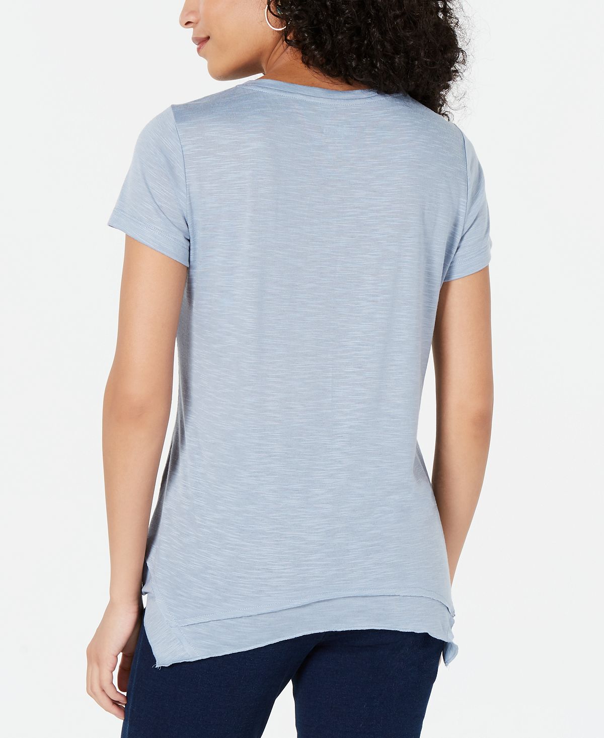 Style & Co Women's Graphic Print Handkerchief Hem T-Shirt Blue Size Petite