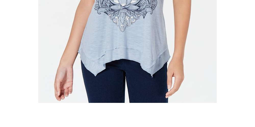 Style & Co Women's Graphic Print Handkerchief Hem T-Shirt Blue Size Petite
