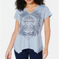 Style & Co Women's Graphic Print Handkerchief Hem T-Shirt Blue Size Petite