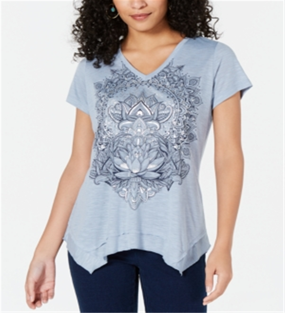 Style & Co Women's Graphic Print Handkerchief Hem T-Shirt Blue Size Petite