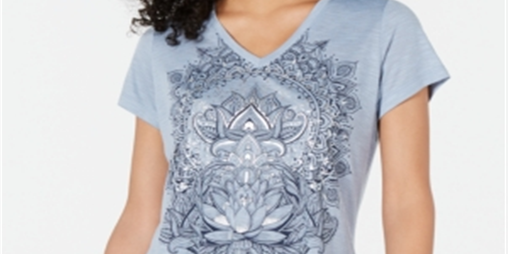 Style & Co Women's Graphic Print Handkerchief Hem T-Shirt Blue Size Petite