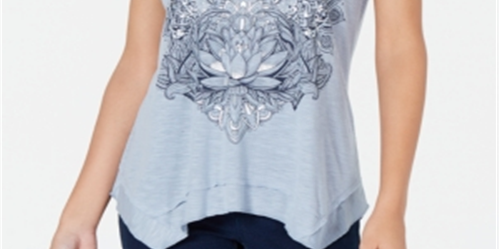 Style & Co Women's Graphic Print Handkerchief Hem T-Shirt Blue Size Petite