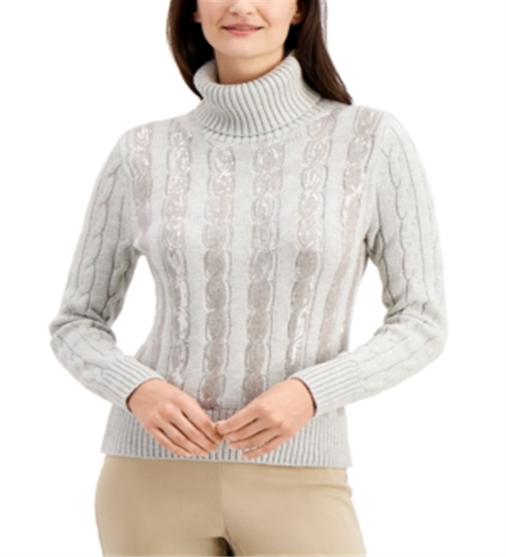 Charter Club Women's Sequin Stripe Turtleneck Gray Size Large