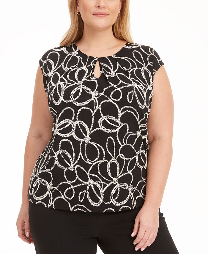 Kasper Women's Cap Sleeve Printed Keyhole Stretch Top -Black Size 3X
