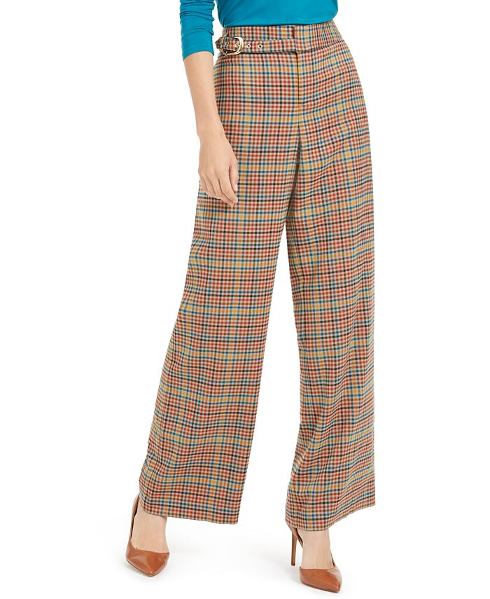 INC International Concepts Women's Belted Plaid Wide Leg Pants Green Size 4