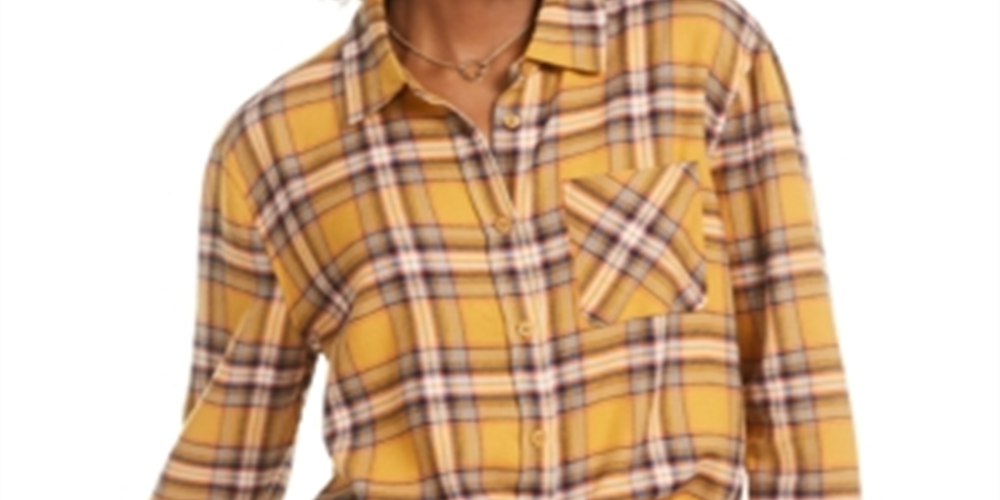 Ultra Flirt Women's Crop Top Collared Plaid Shirts Yellow Size Medium