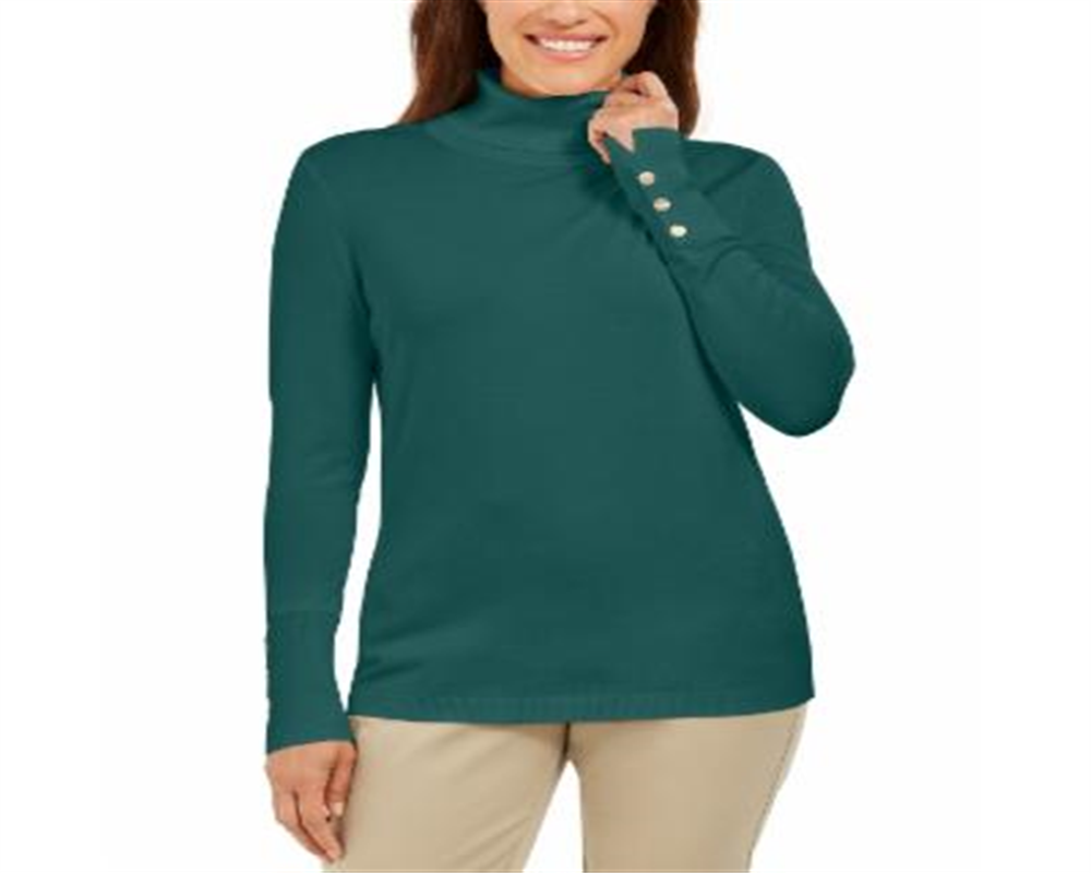 JM Collection Women Stud-Sleeve Pullover Turtleneck Sweater Green Size Small