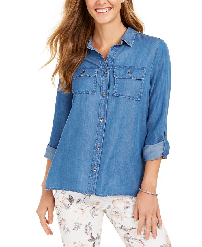 Charter Club Women's Denim Utility Shirt Blue Size Medium