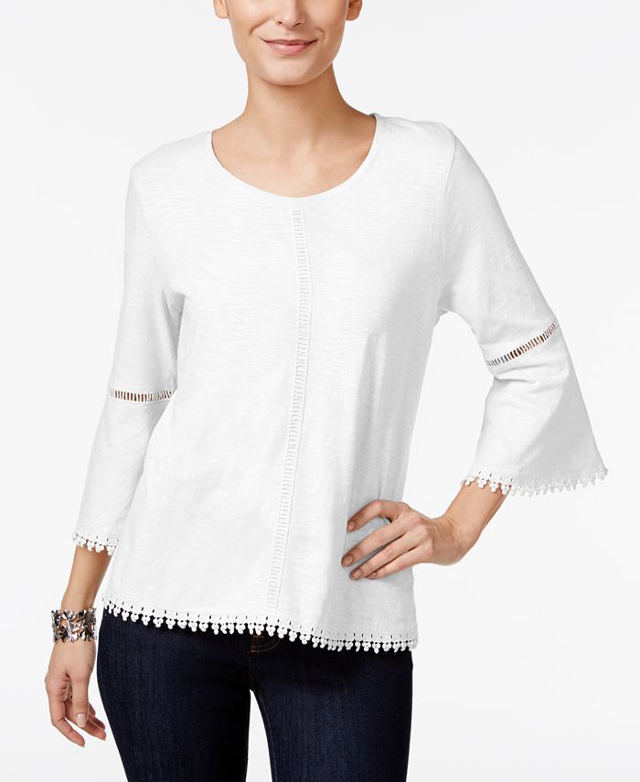 Style & Co Crochet-Trim Bell-Sleeve Top Green Size XS