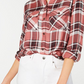 Polly Esther Women's Orange Utility Plaid Roll-tab Sleeve Collared Button up Top Red Size Large