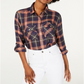 Polly Esther Women's Orange Utility Plaid Roll-tab Sleeve Collared Button up Top Red Size Large
