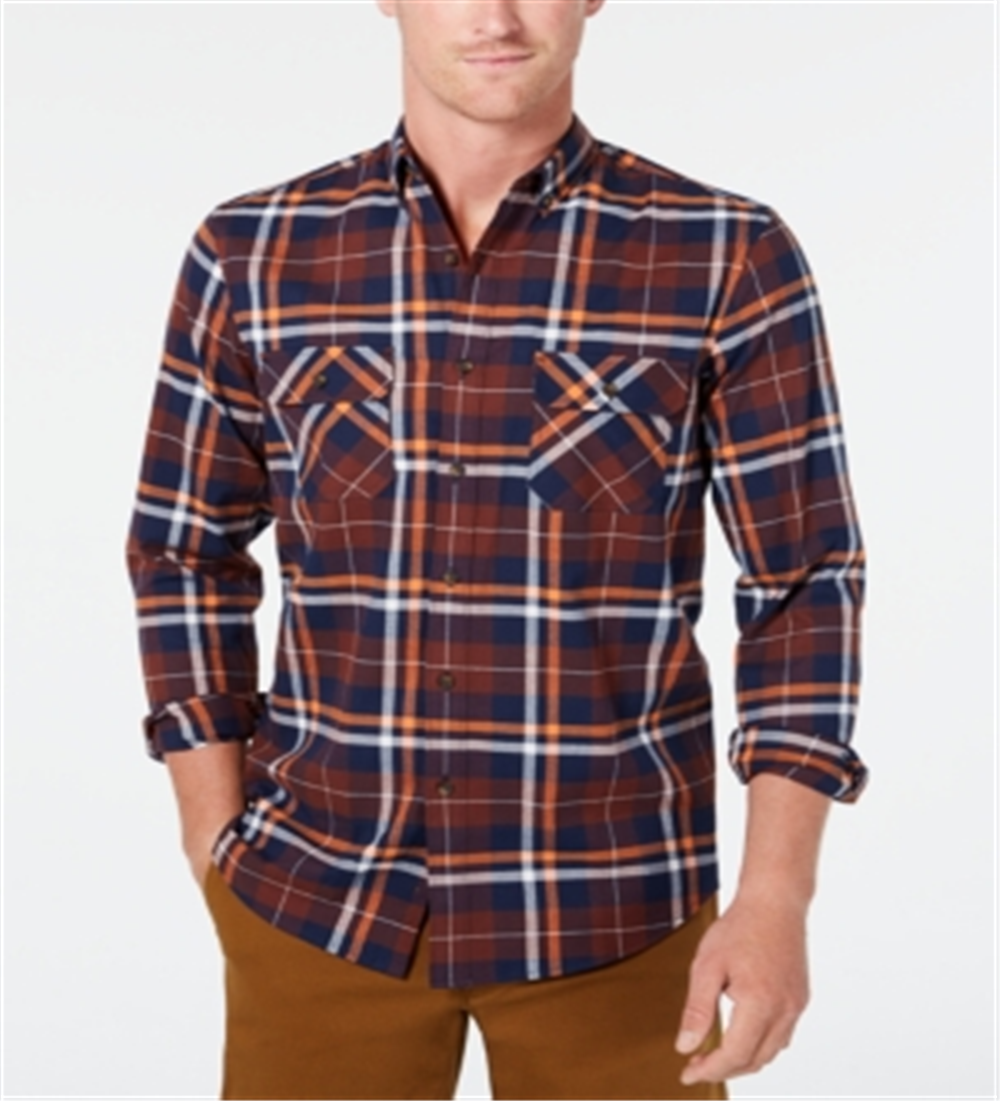 Club Room Men's Stretch Brushed Cotton Plaid Flannel Shirt - Dark Fudge Brown Size XL