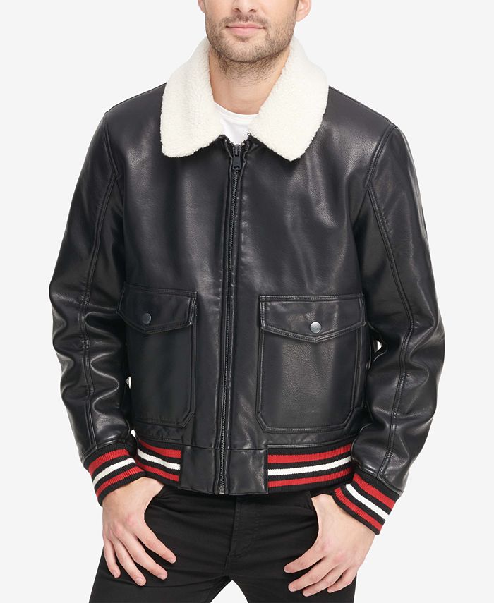 Modern American Men's Faux Leather Bomber Jacket Black Size Medium