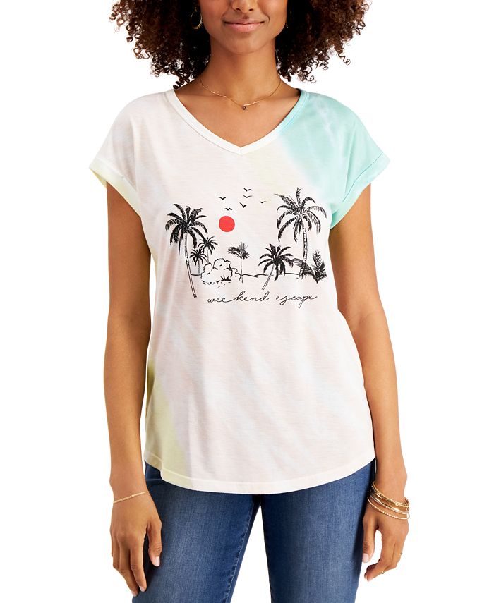 Style & Co Women's Weekend Escape Tie Dye Graphic T-Shirt White Size Medium