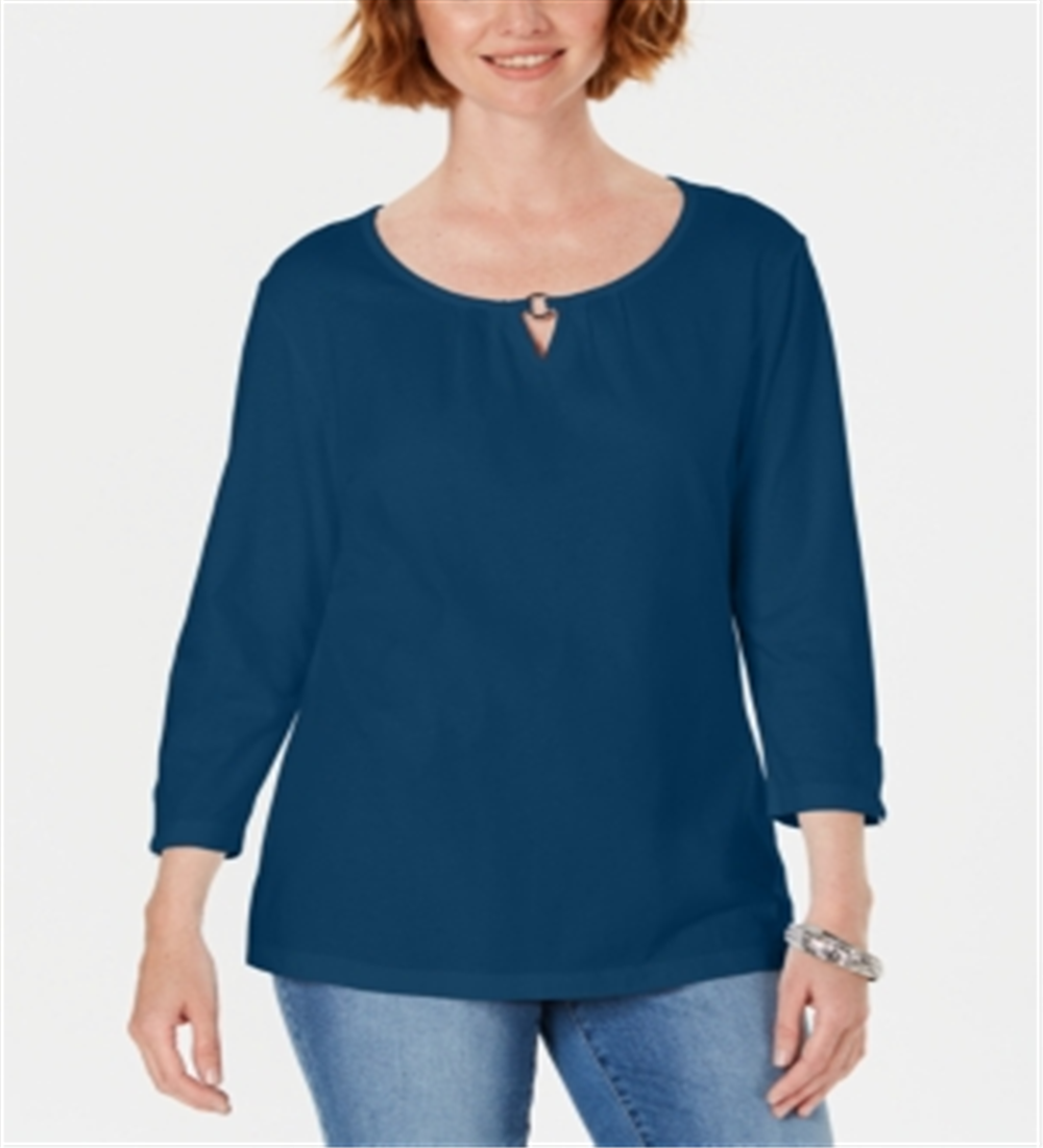 Karen Scott Women's Three Quarter Sleeve Top Blue Size Large