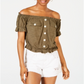 Planet Gold Junior's Off the Shoulder Utility Top Green Size Large