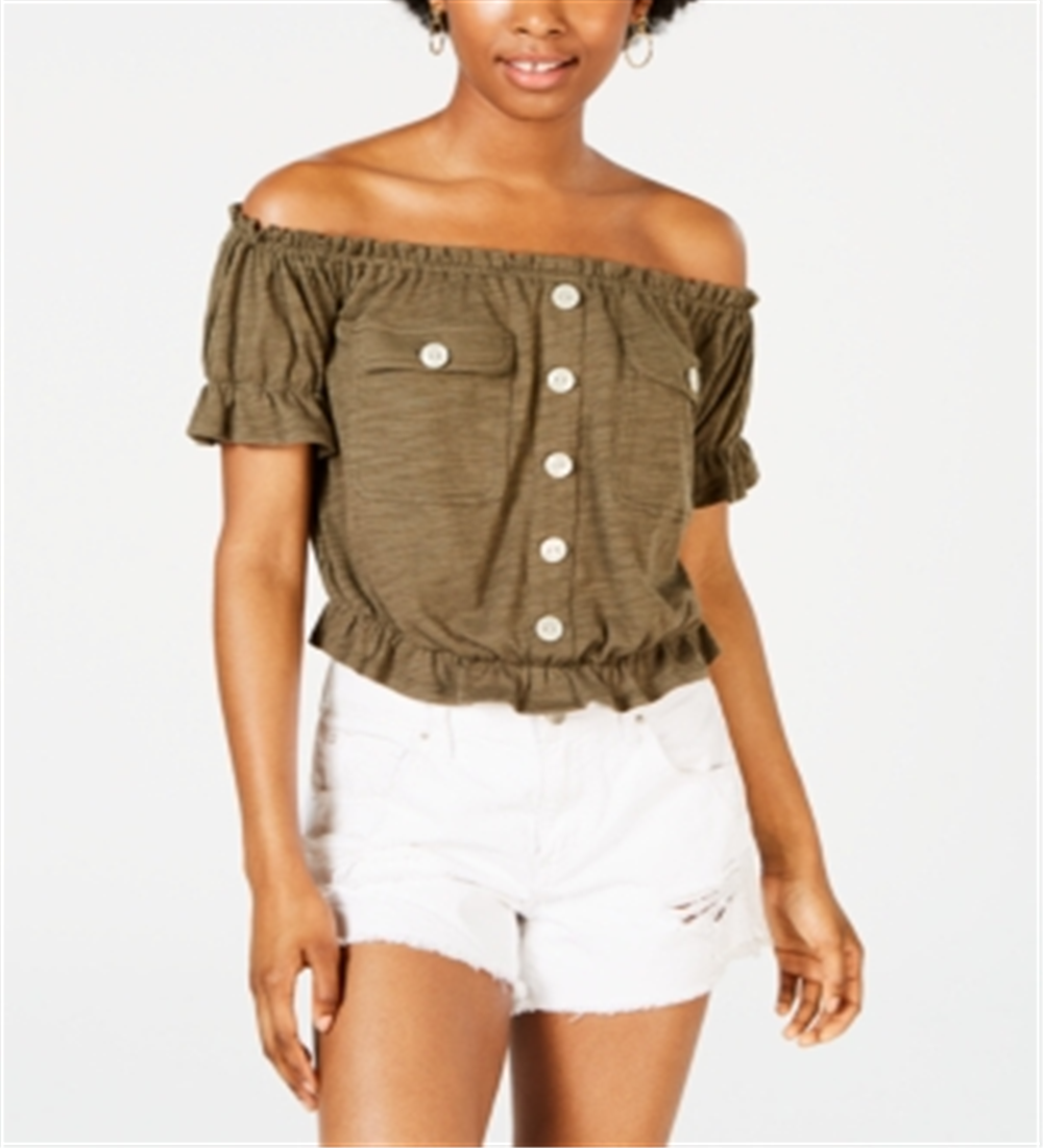 Planet Gold Junior's Off the Shoulder Utility Top Green Size Large