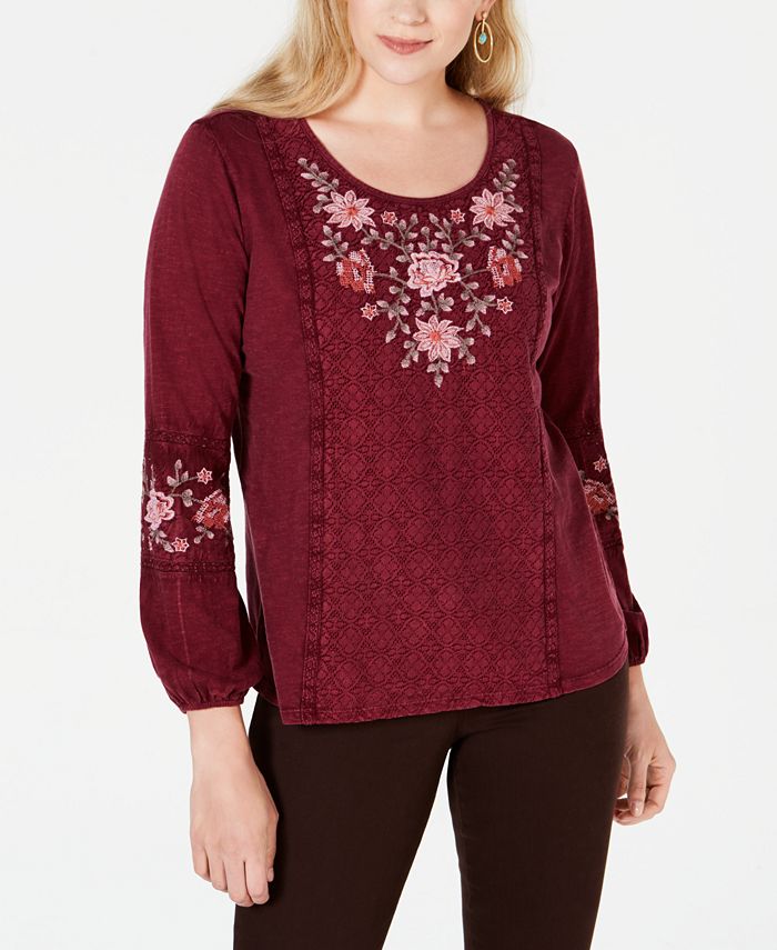 Style & Co Women's Embroidered Panel Peasant Top Red Size Medium