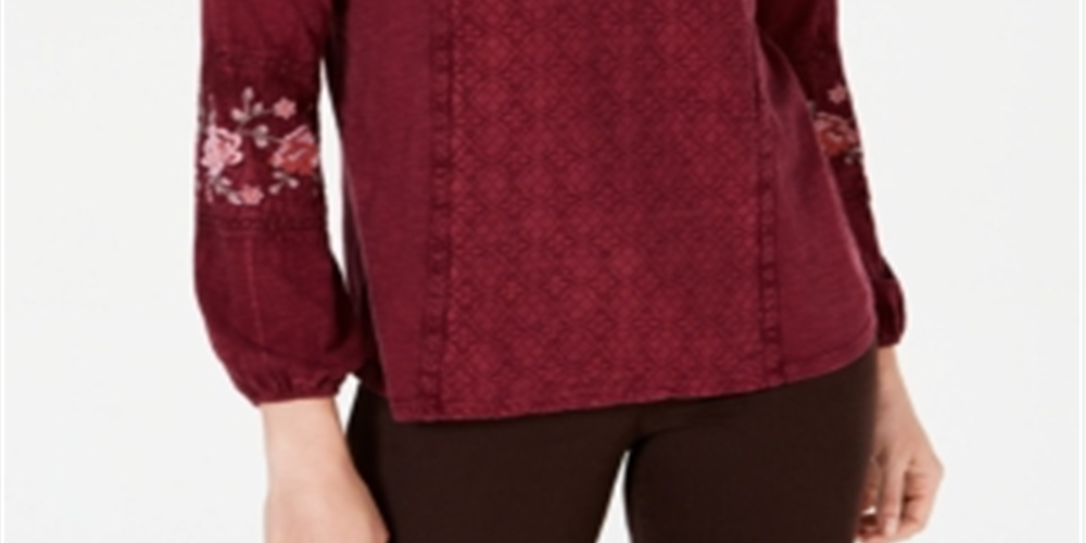 Style & Co Women's Embroidered Panel Peasant Top Red Size Medium