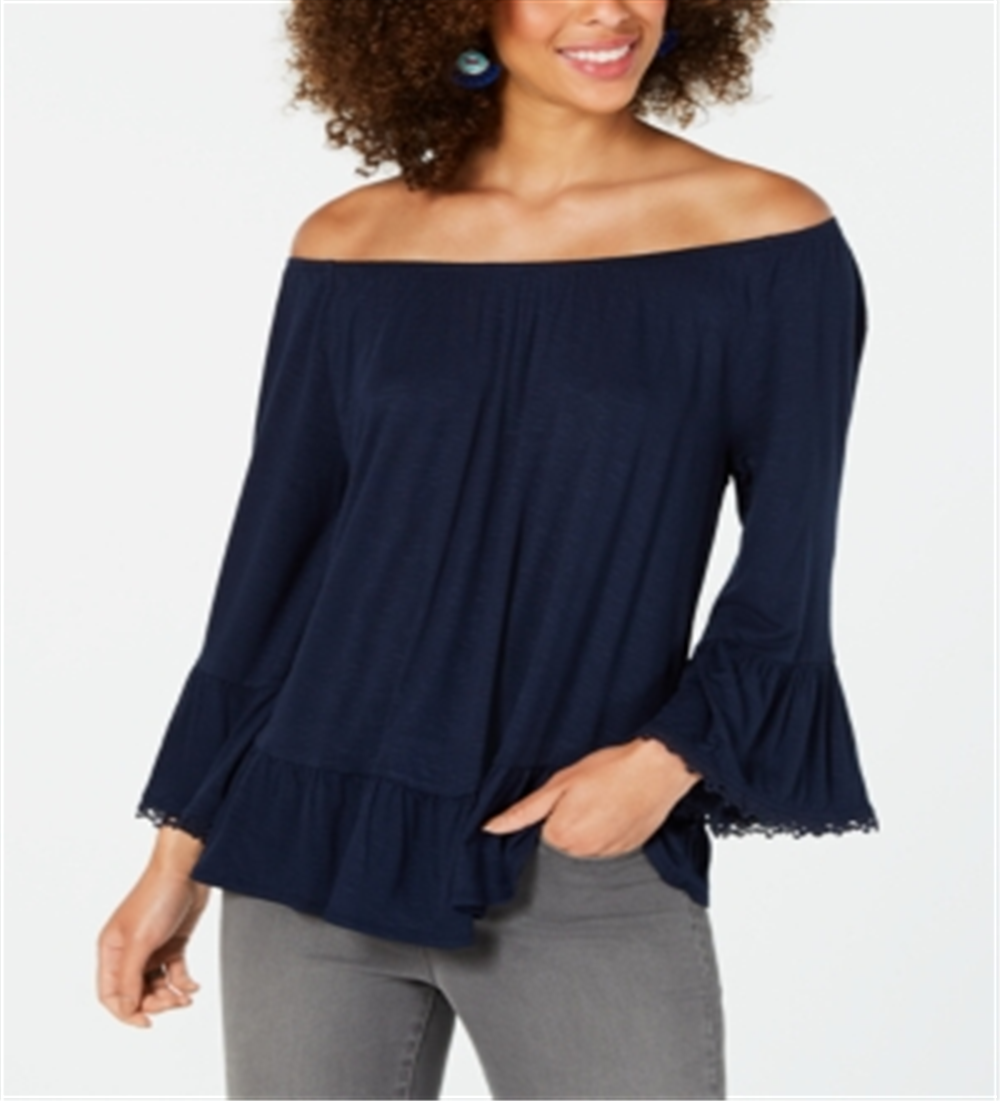 Style & Co Women's Off the Shoulder Bell Sleeve Top Blue Size Small