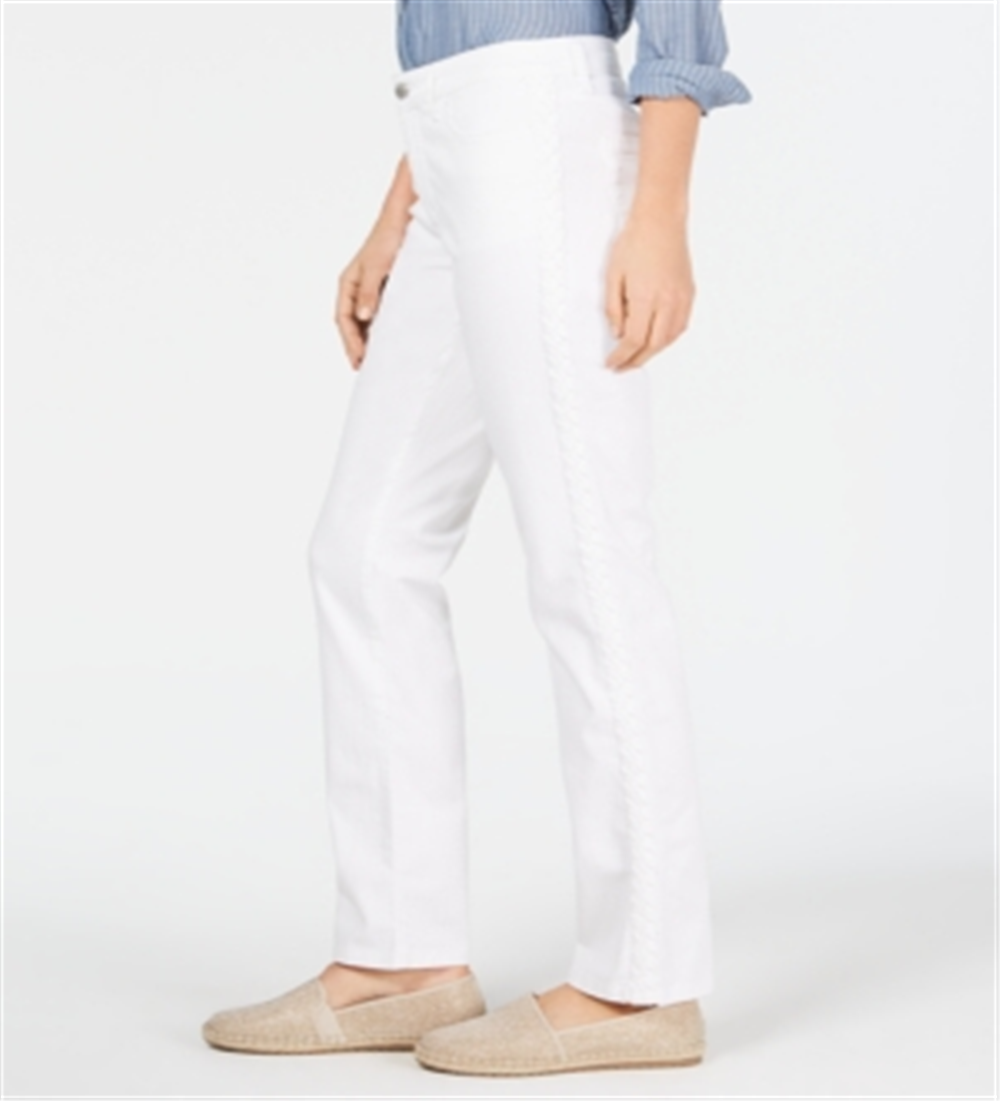 Charter Club Women's Lexington Straight Leg Braid-Stripe Jeans White Size 8