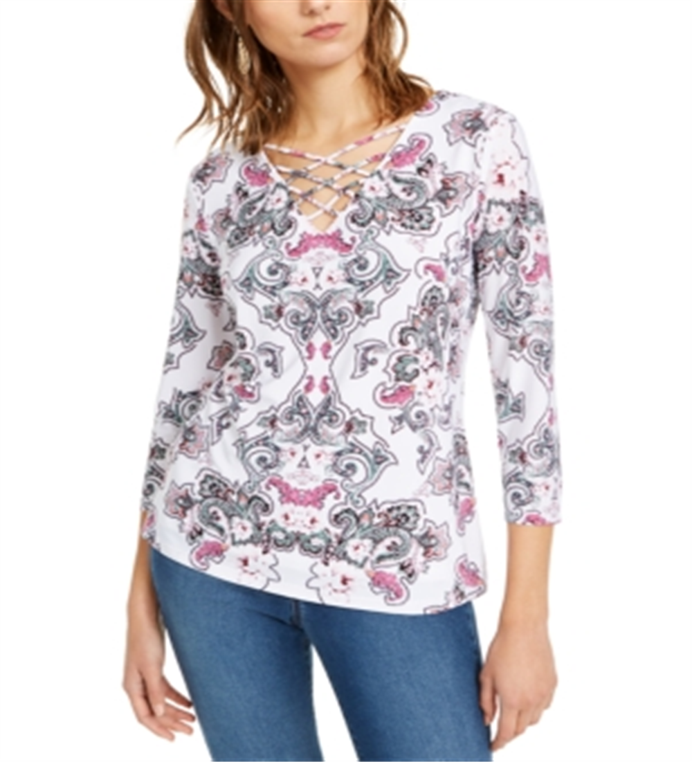 INC International Concepts Women's Strappy Detail Printed Top White Size -L