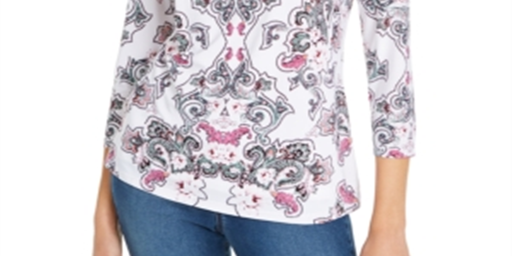 INC International Concepts Women's Strappy Detail Printed Top White Size -L