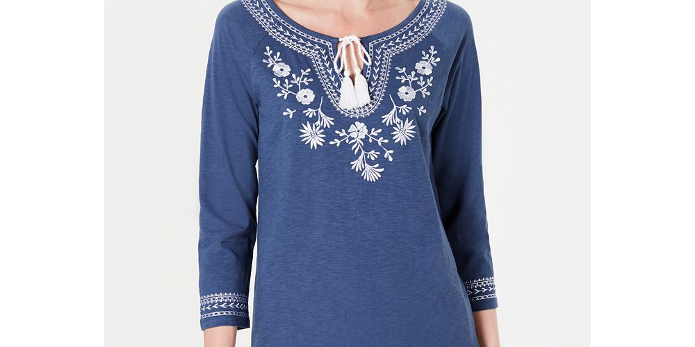 चार्टर क्लब कॉटन एम्ब्रॉइडर्ड ट्यूनिक - वेदरड इंडिगो ब्लू साइज़ 2XL