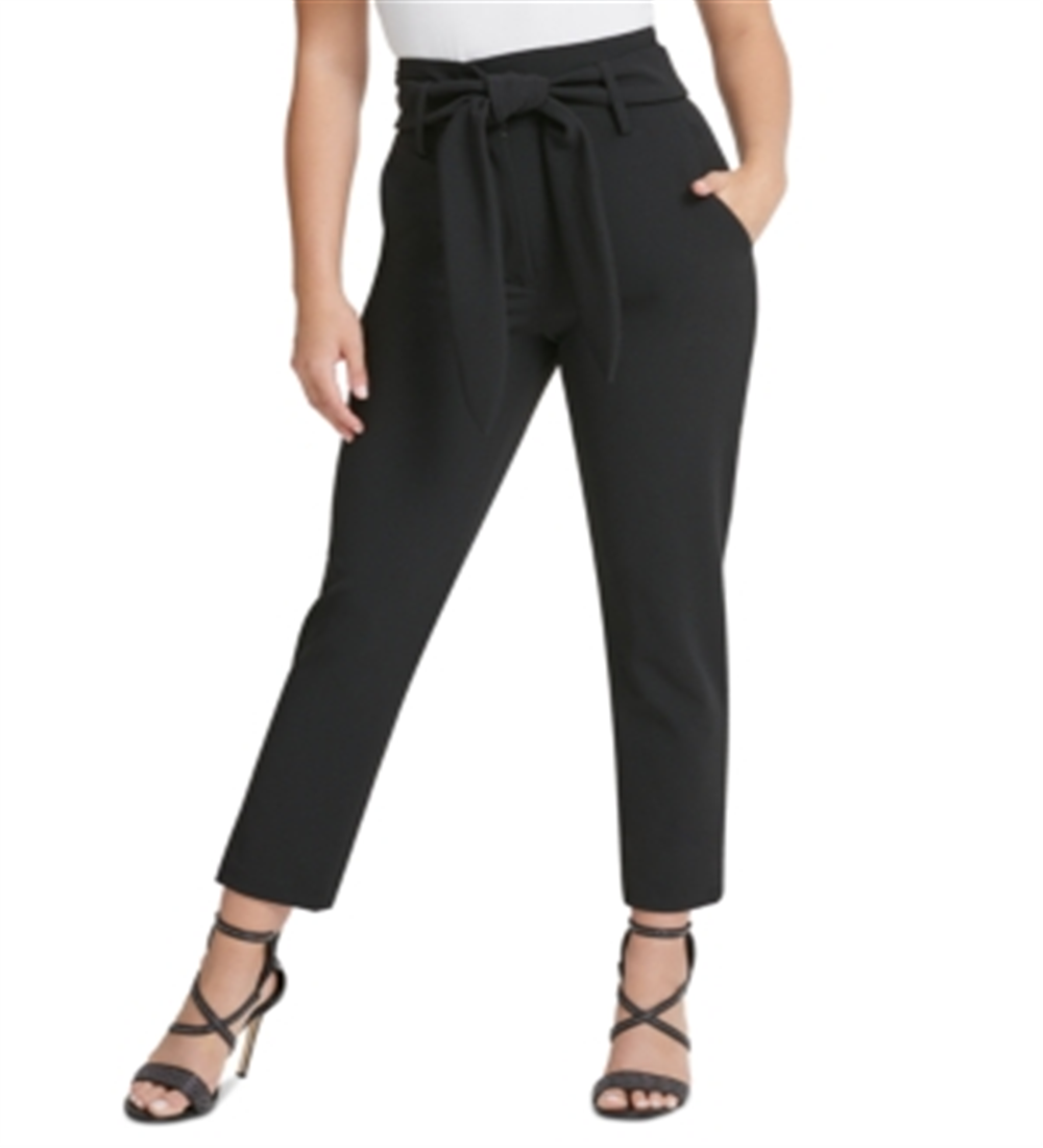 DKNY Women's Belted Zippered Pocketed Pants Black Size 16