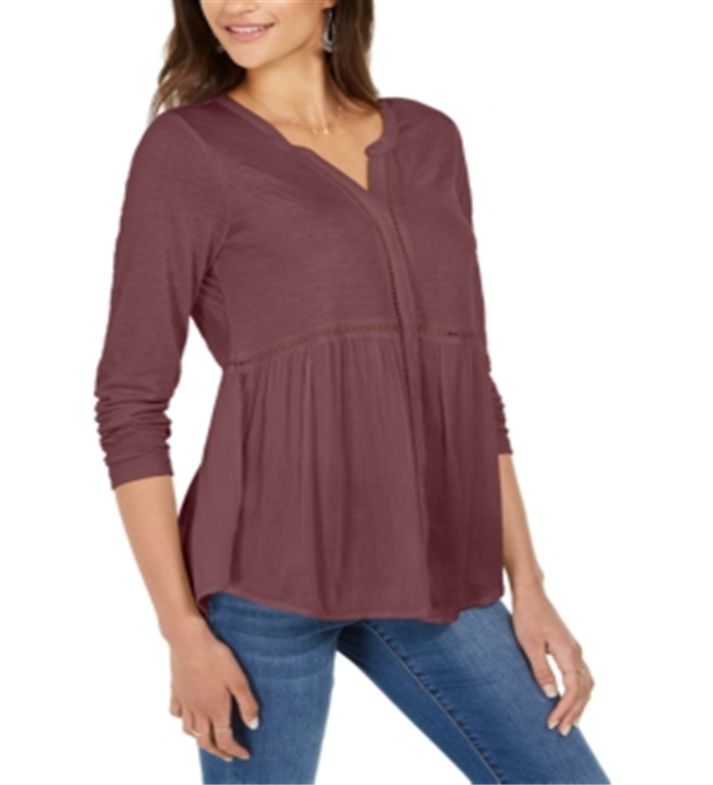Style & Co Women's V Neck Mixed Woven Top Purple Size Small