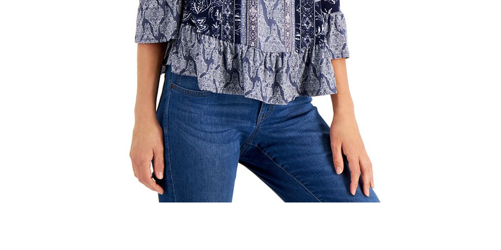 Style & Co Women's Printed Off the Shoulder Top Blue- Size Petite M