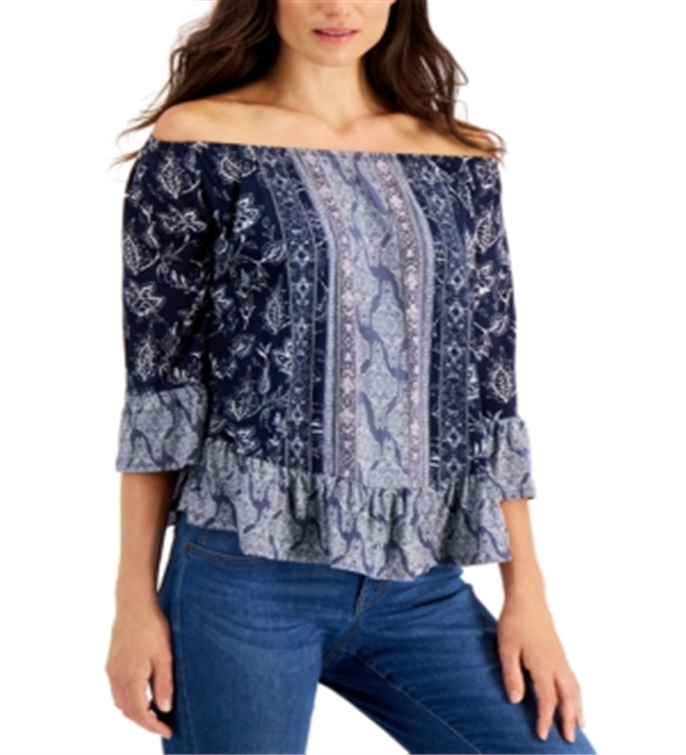 Style & Co Women's Printed Off the Shoulder Top Blue- Size Petite M