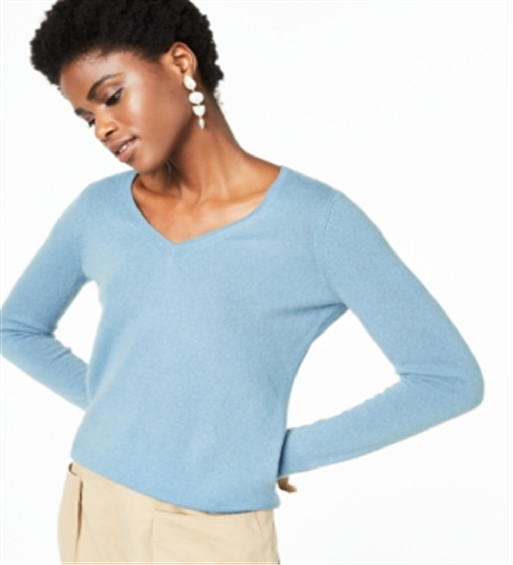 Charter Club Women's V Neck Cashmere Sweater Blue Size Petite Medium
