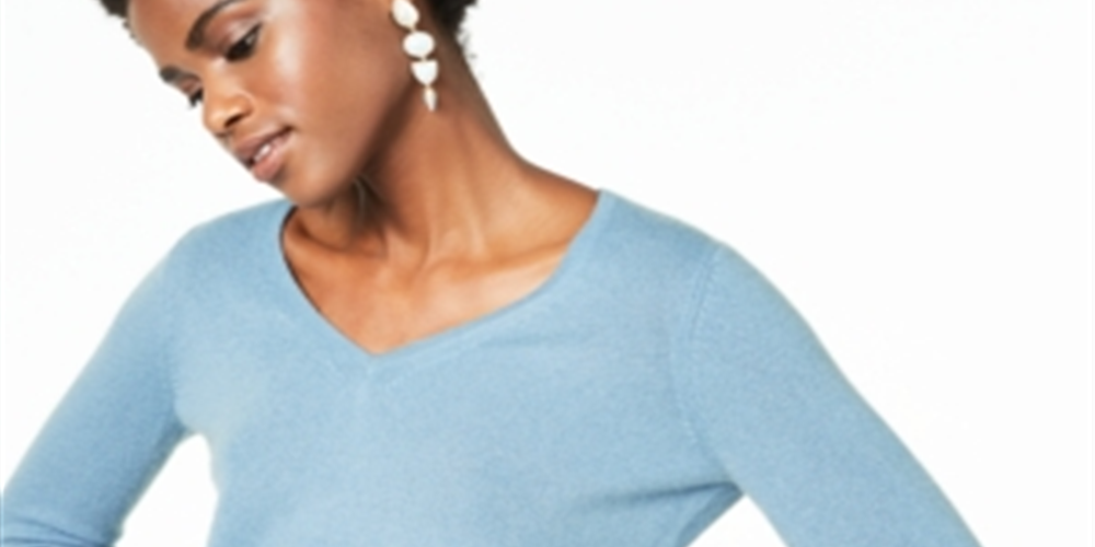 Charter Club Women's V Neck Cashmere Sweater Blue Size Petite Medium
