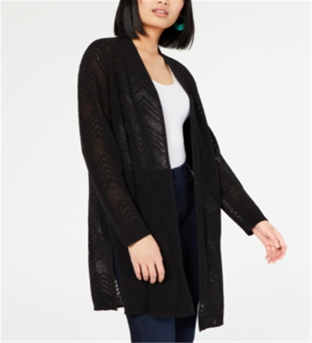 I.n.c. Women's Petite Zigzag Chevron Cozy Cardigan - Deep Black Size Petite Small