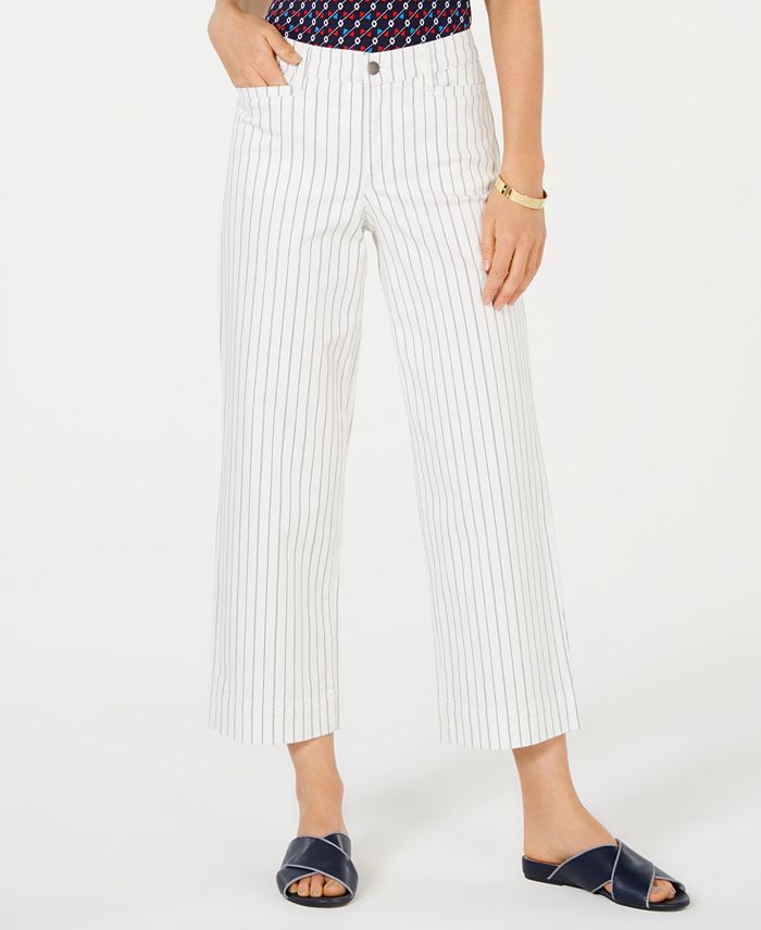 Charter Club Women's Striped Tummy Control Wide Leg Jeans White Size 16
