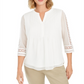 Charter Club Women's Sheer Sleeve Pintuck Top White Size Petite Medium
