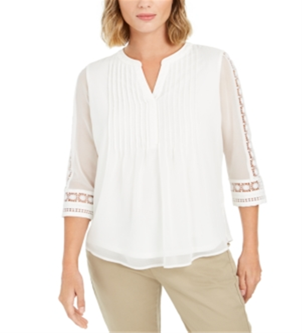 Charter Club Women's Sheer Sleeve Pintuck Top White Size Petite Medium