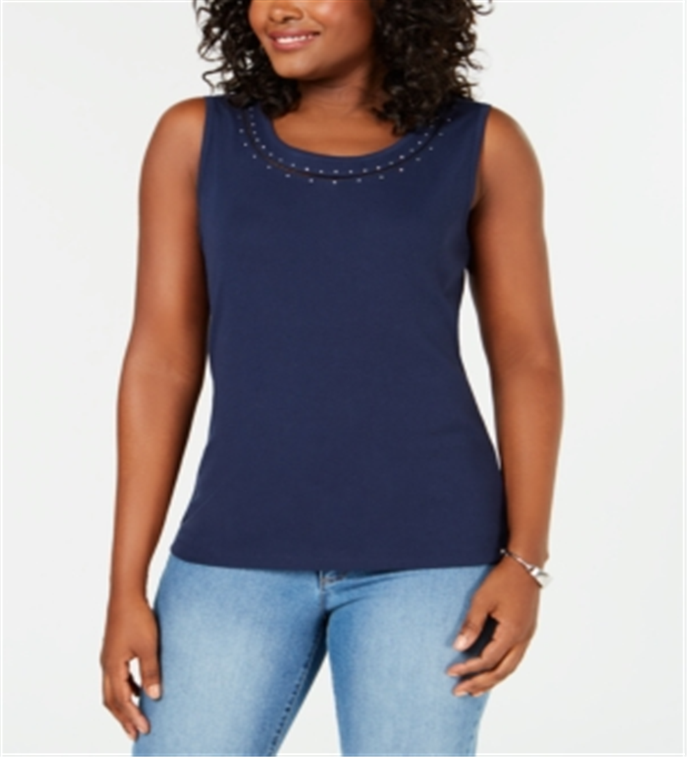 Karen Scott Women's Studded Neck Sleeveless Top Blue Size X-Large