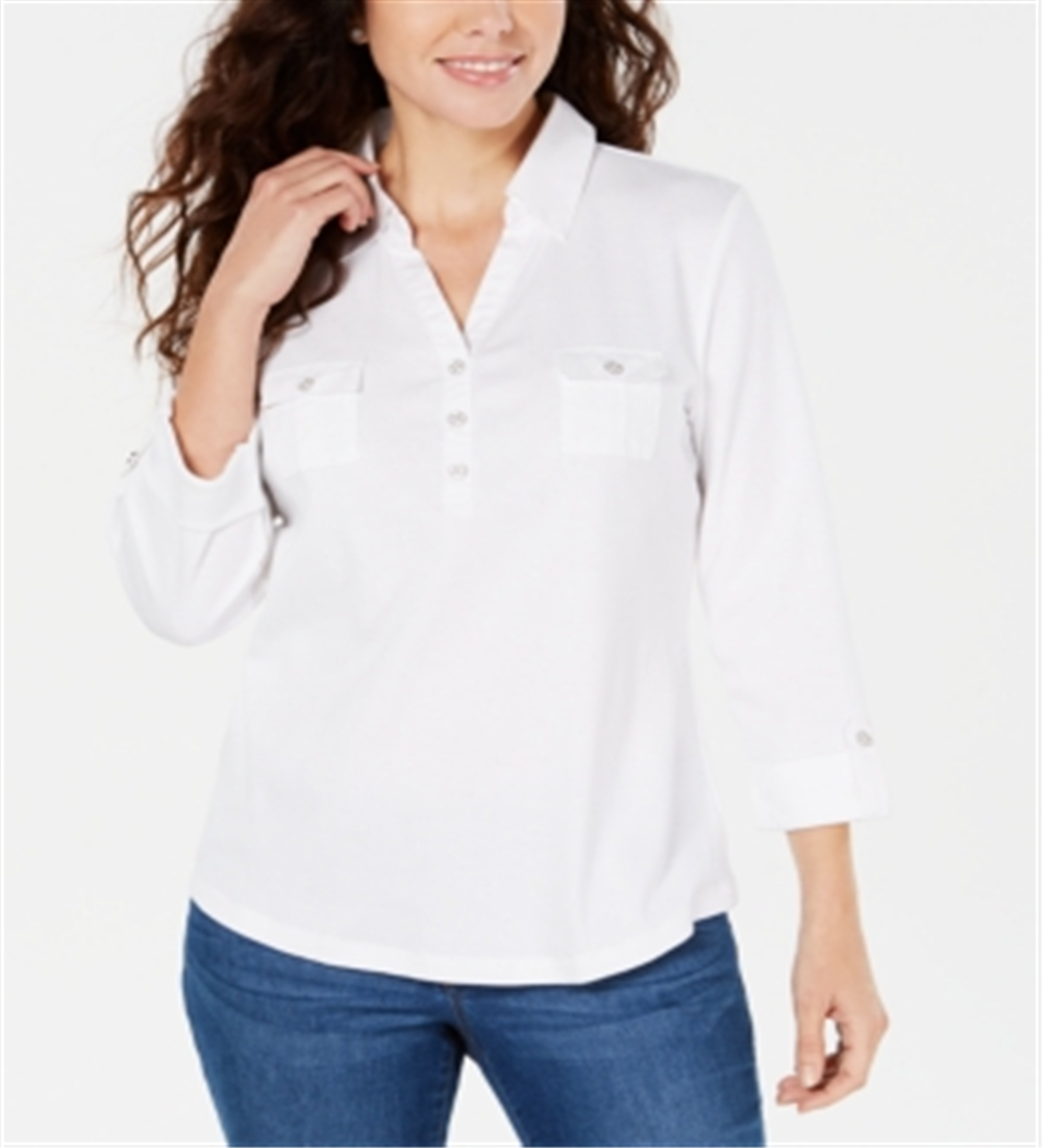 Karen Scott Women's Cotton Point Collar Top White Size Medium