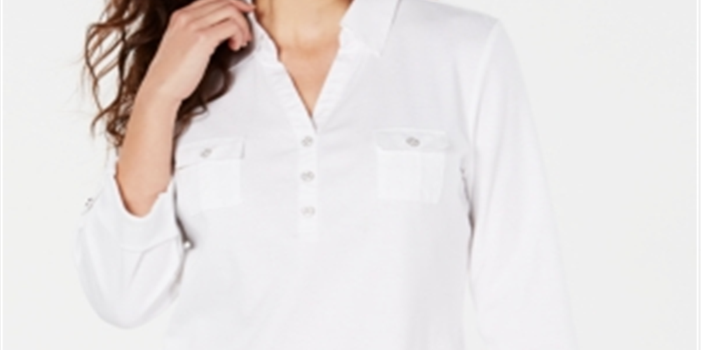 Karen Scott Women's Cotton Point Collar Top White Size Medium