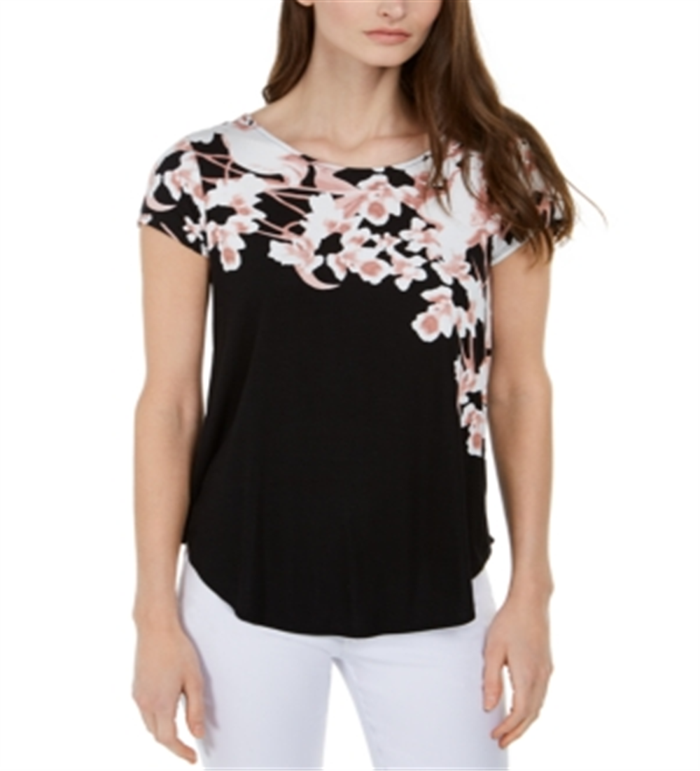 Alfani Women's Printed Round Hem T-Shirt Black Size Petite Small