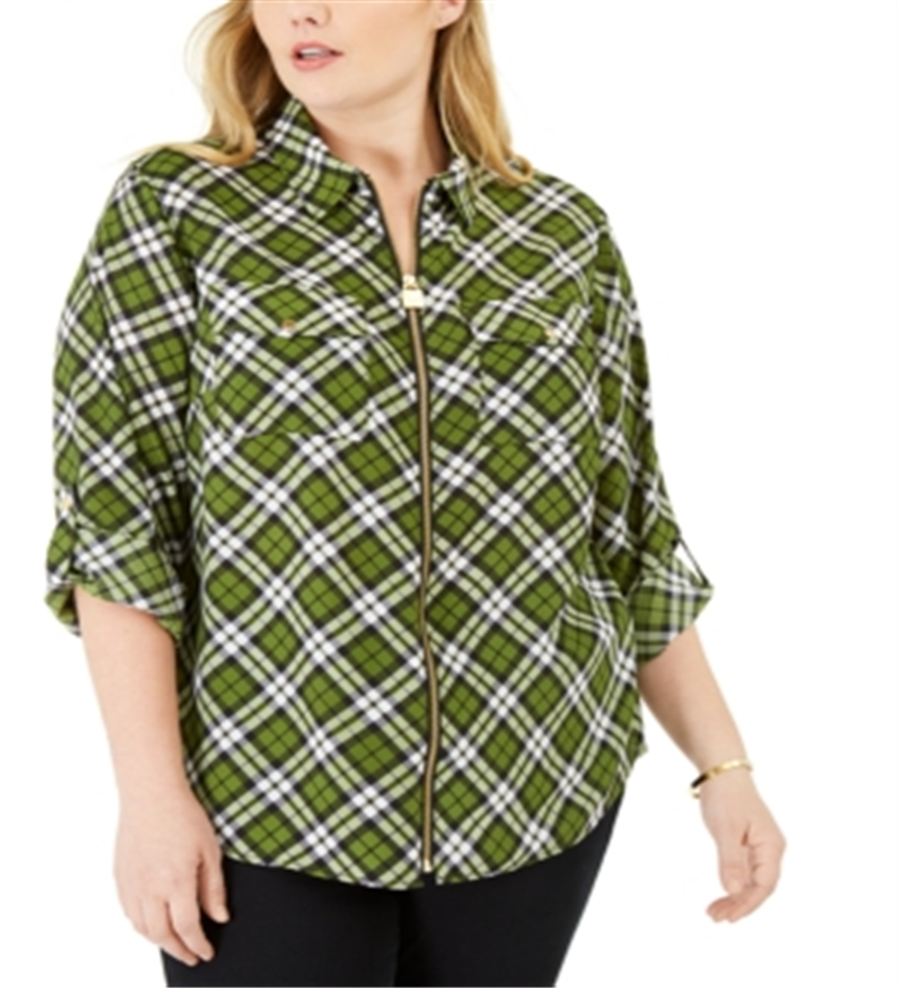 Michael Kors Women's Plus Plaid Collared Blouse Green Size 0X