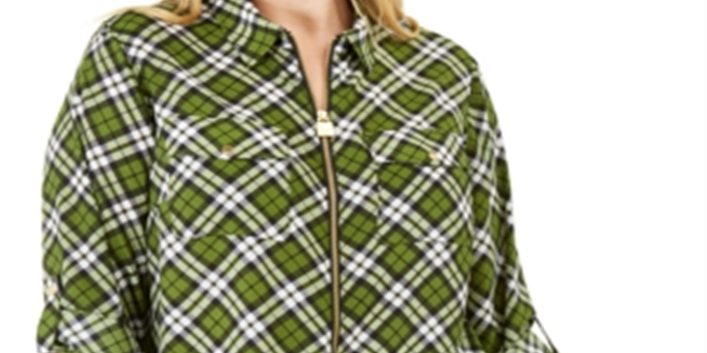 Michael Kors Women's Plus Plaid Collared Blouse Green Size 0X