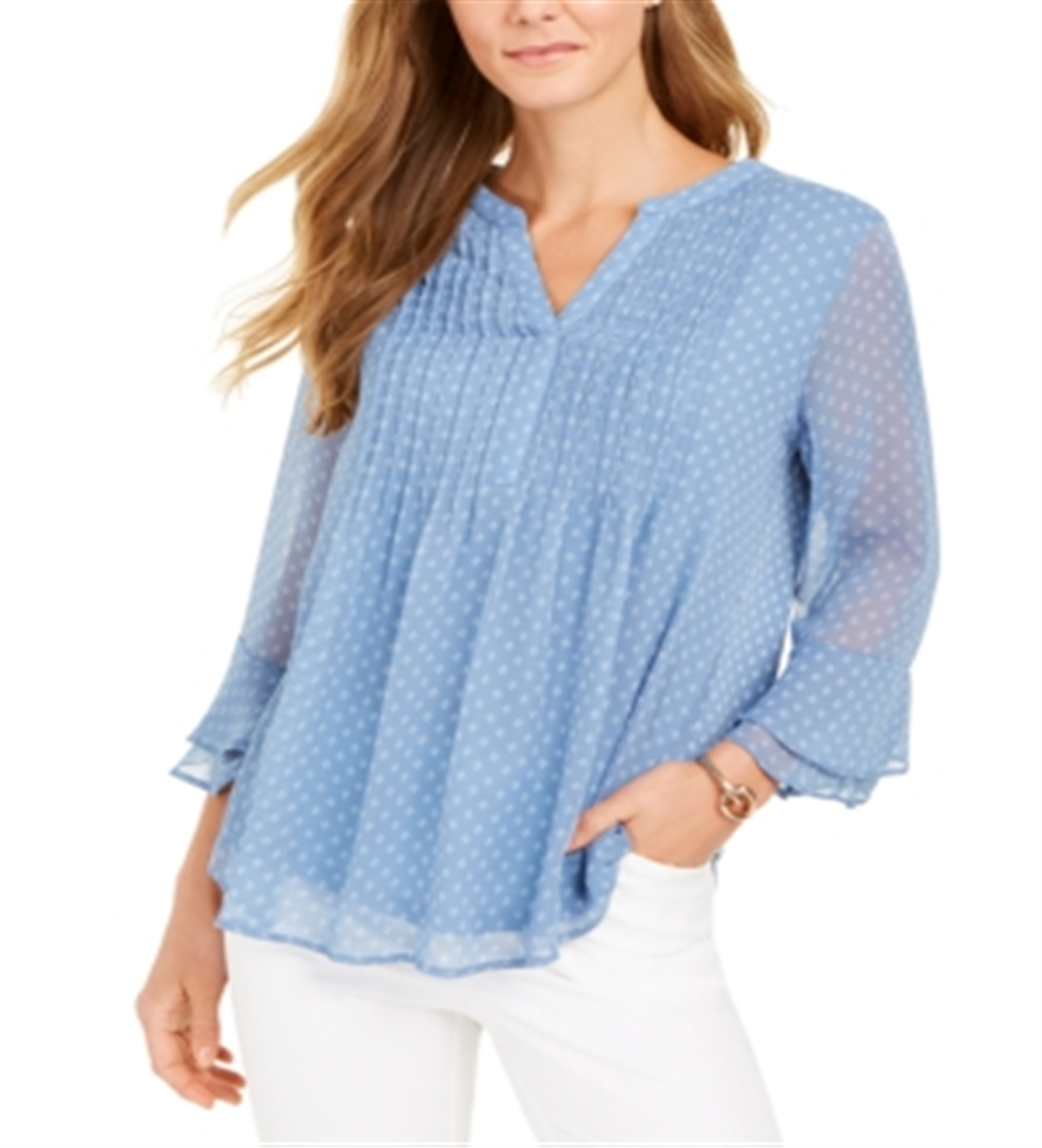 Charter Club Printed Pintuck Top Blue Size L