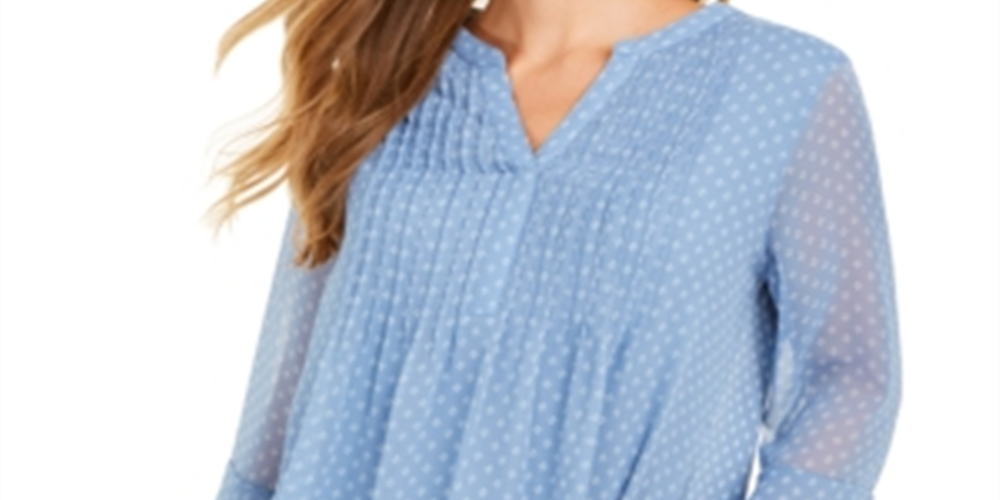 Charter Club Printed Pintuck Top Blue Size L