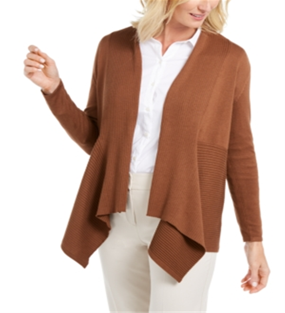 JM Collection Women's Ribbed Handkerchief Hem Cardigan Brown Size X-Small