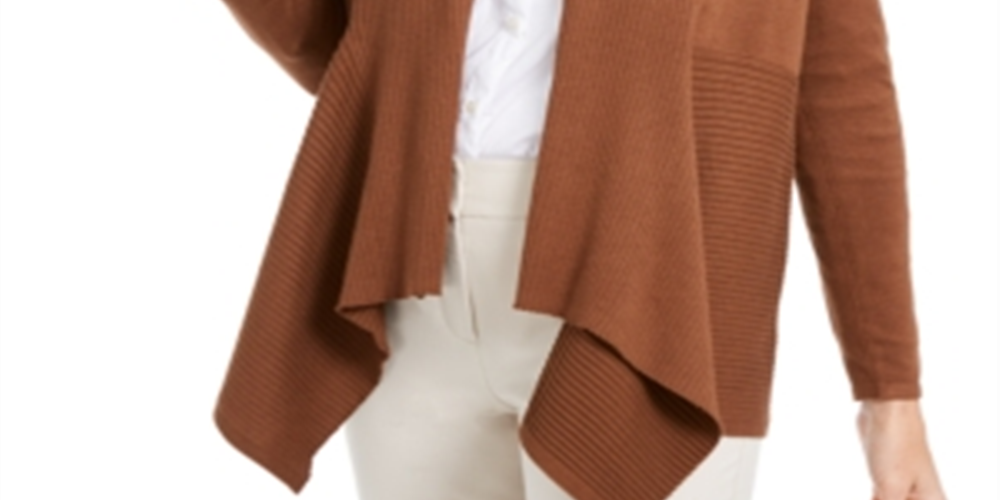 JM Collection Women's Ribbed Handkerchief Hem Cardigan Brown Size X-Small